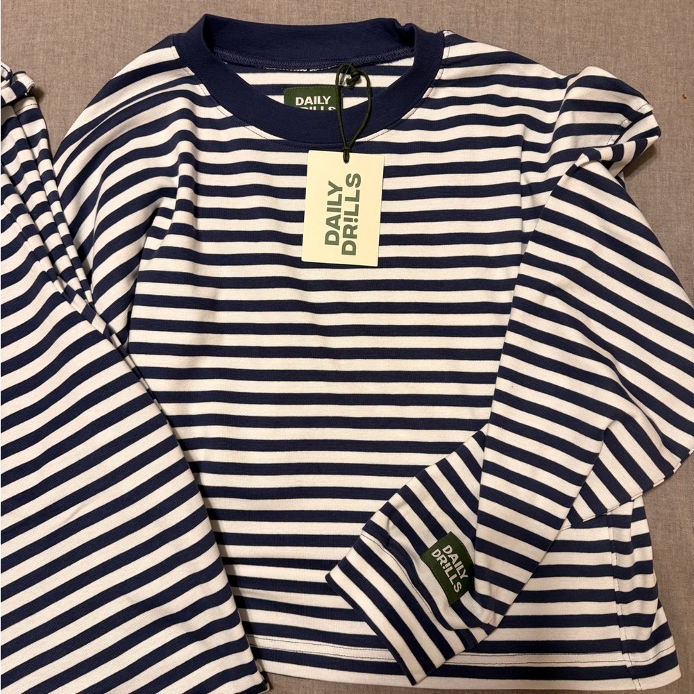Daily Drills Navy and White Striped Long Sleeve Top and Pants Set - Picture 2 of 2